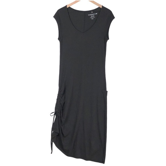 Toad&Co Dresses & Skirts - Toad&Co Organic Cotton Modal Ruched Side Midi Dress Sz S Black Cap Sleeve Pocket